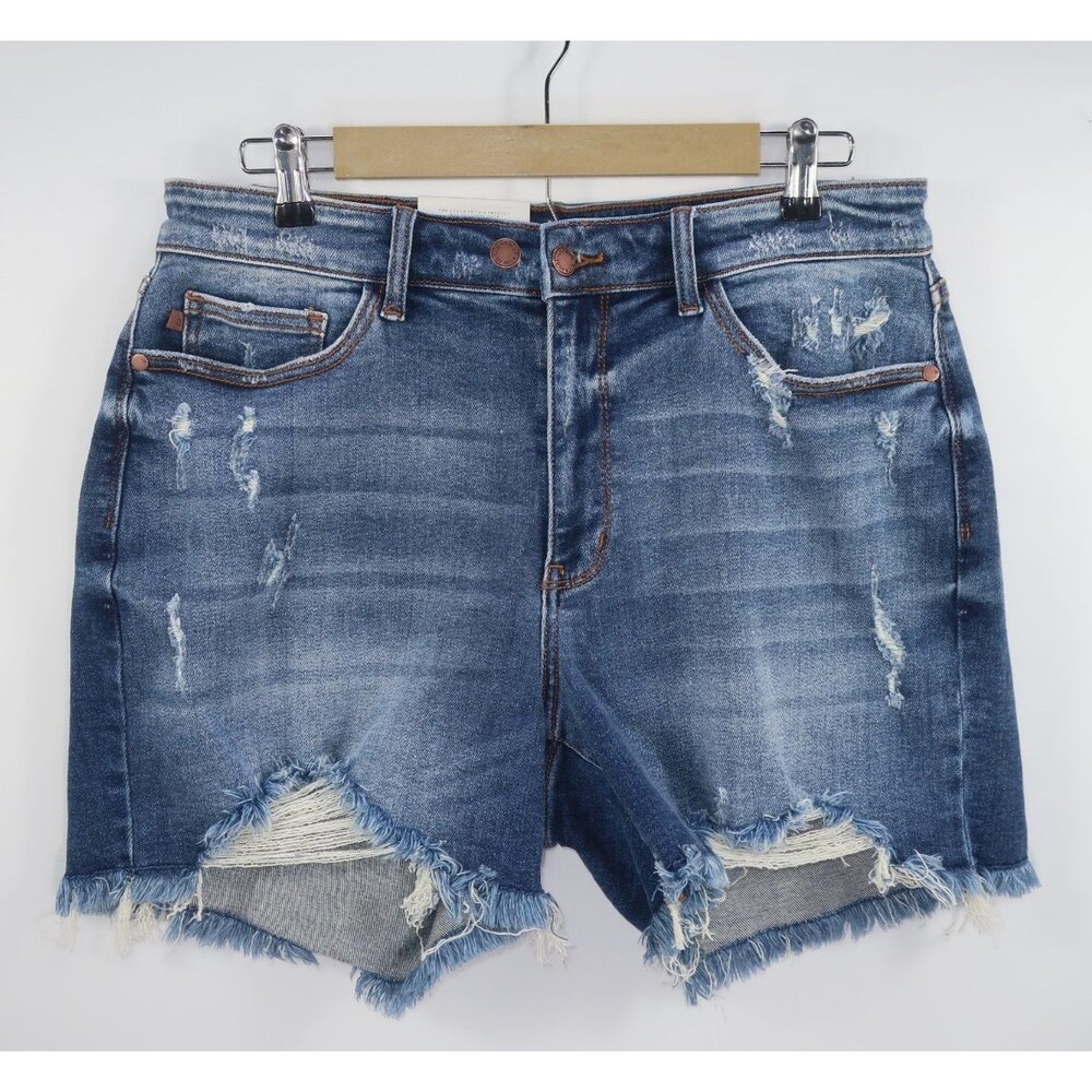 Judy Blue Jean Shorts Two Button Dad Size 1X 1XL Cut Off Stretchy Distressed NWT